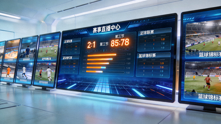 赛事直播中心多屏播放与实时比分同步界面